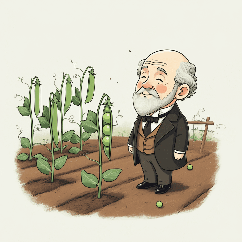 소수의 완두콩 꼬투리에서 대부분의 완두콩이 쏟아져 나오는 모습을 표현한 일러스트