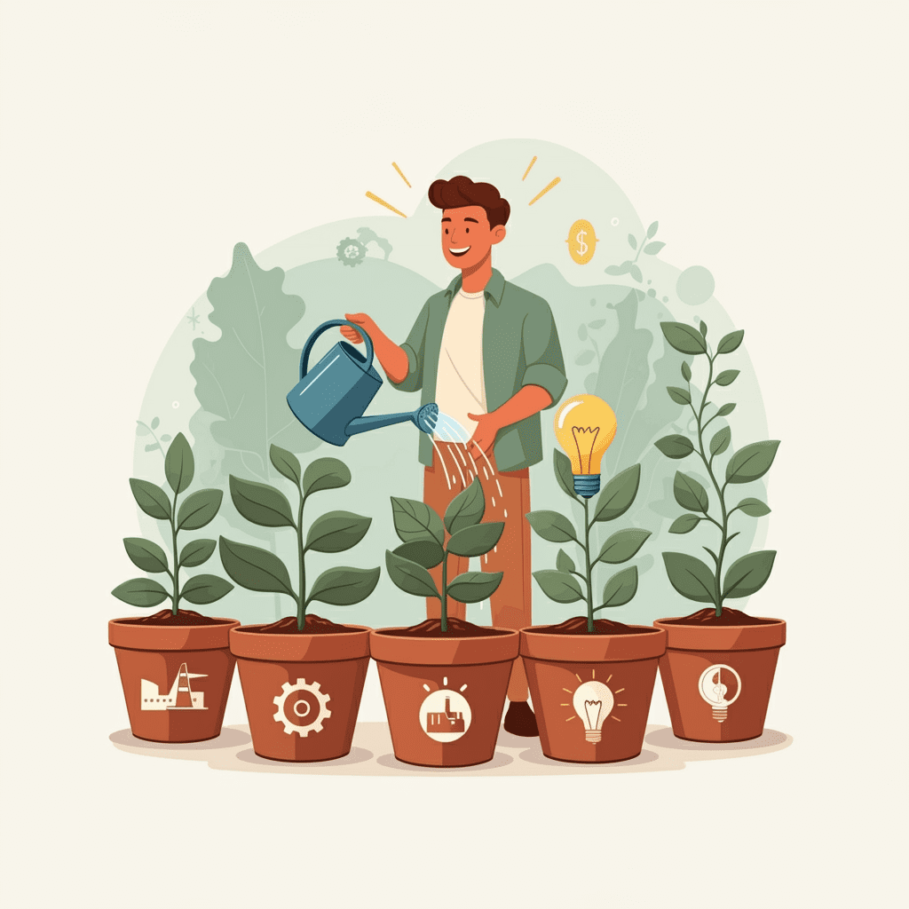 여러 종류의 화분에 물을 주며 포트폴리오를 다각화하는 모습을 표현한 일러스트