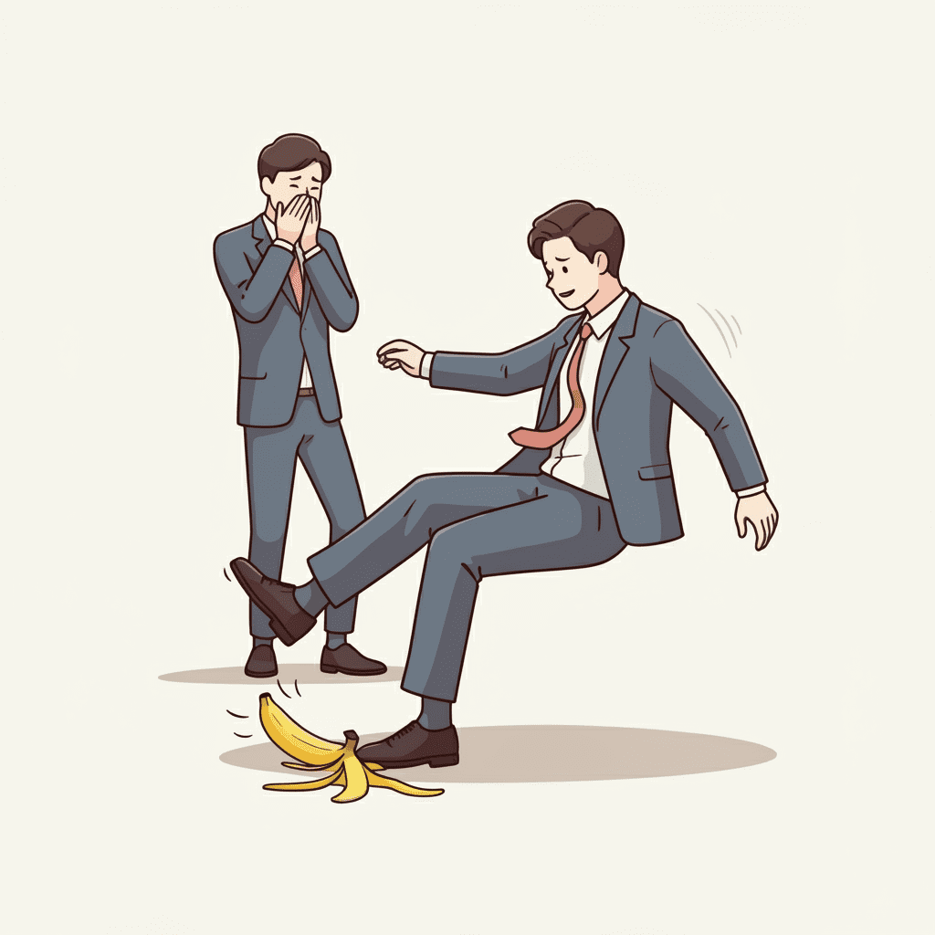 바나나 껍질을 밟고 미끄러지는 사람을 보며 다른 사람이 웃음을 참고 있는 모습