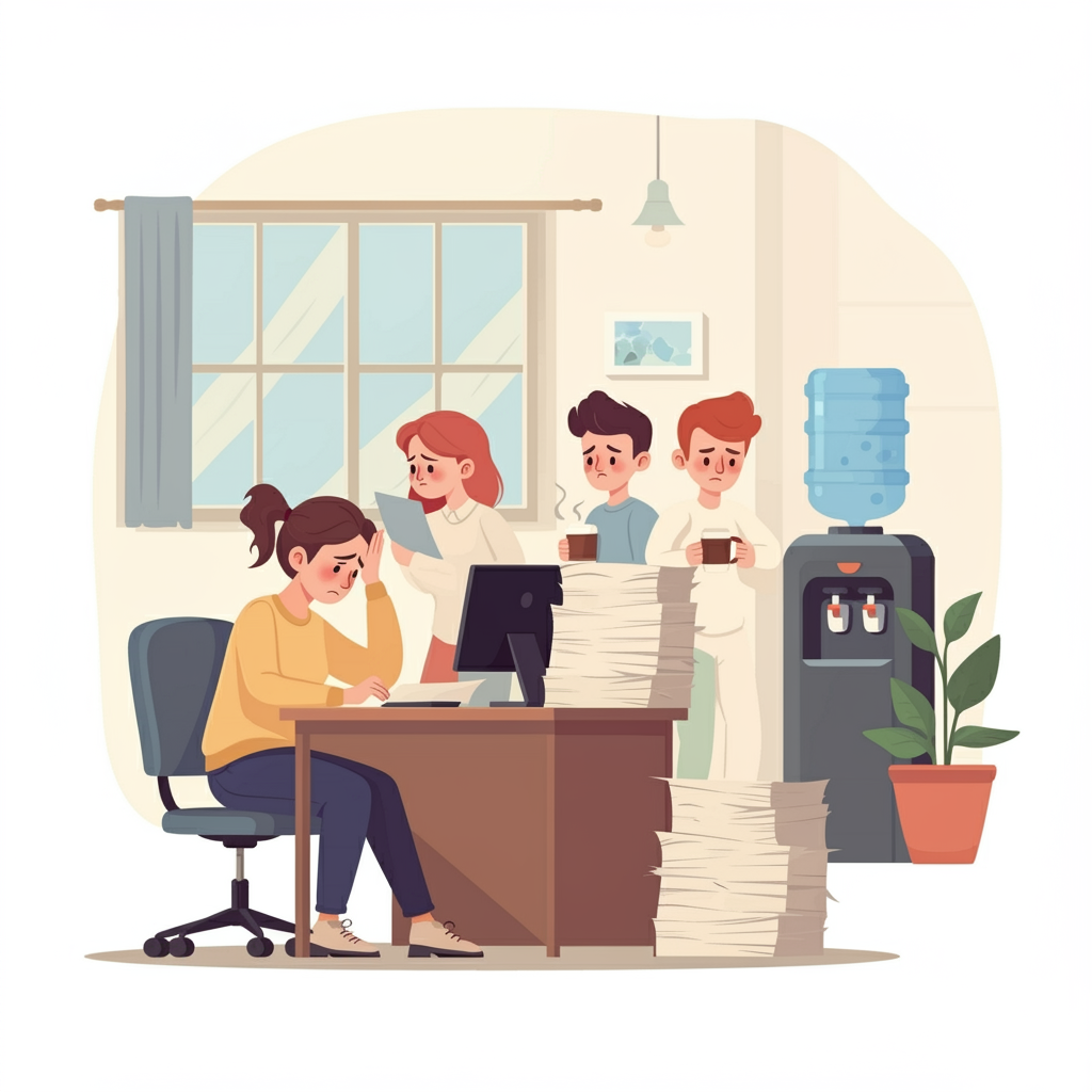 한 명은 열심히 일하고 있고, 다른 팀원들은 뒤에서 커피를 마시며 잡담하는 모습을 담은 일러스트