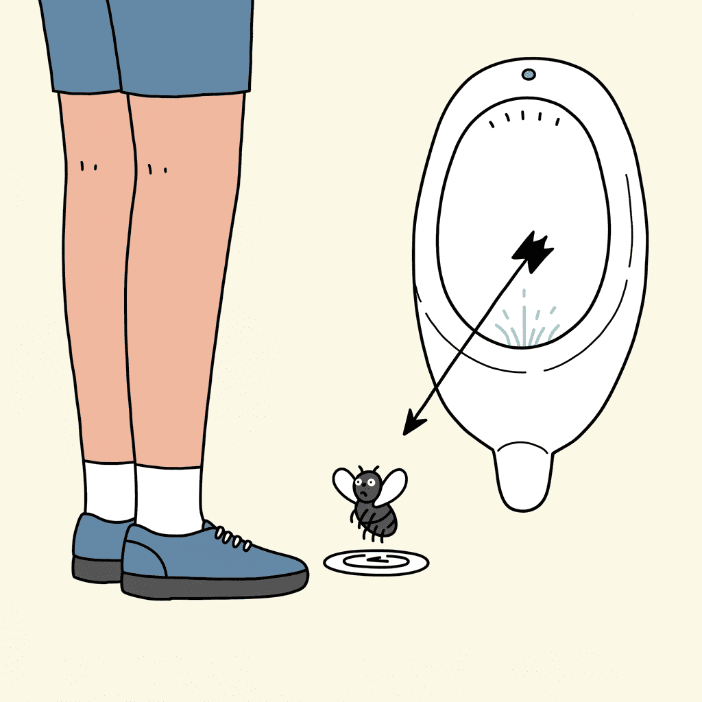 소변기 중앙에 그려진 파리 그림을 조준하는 사람의 모습 일러스트