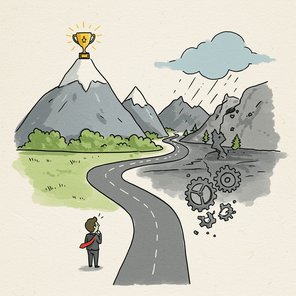 퍼스트 무버의 성공과 실패 사례를 보여주는 갈림길에 선 사업가 일러스트