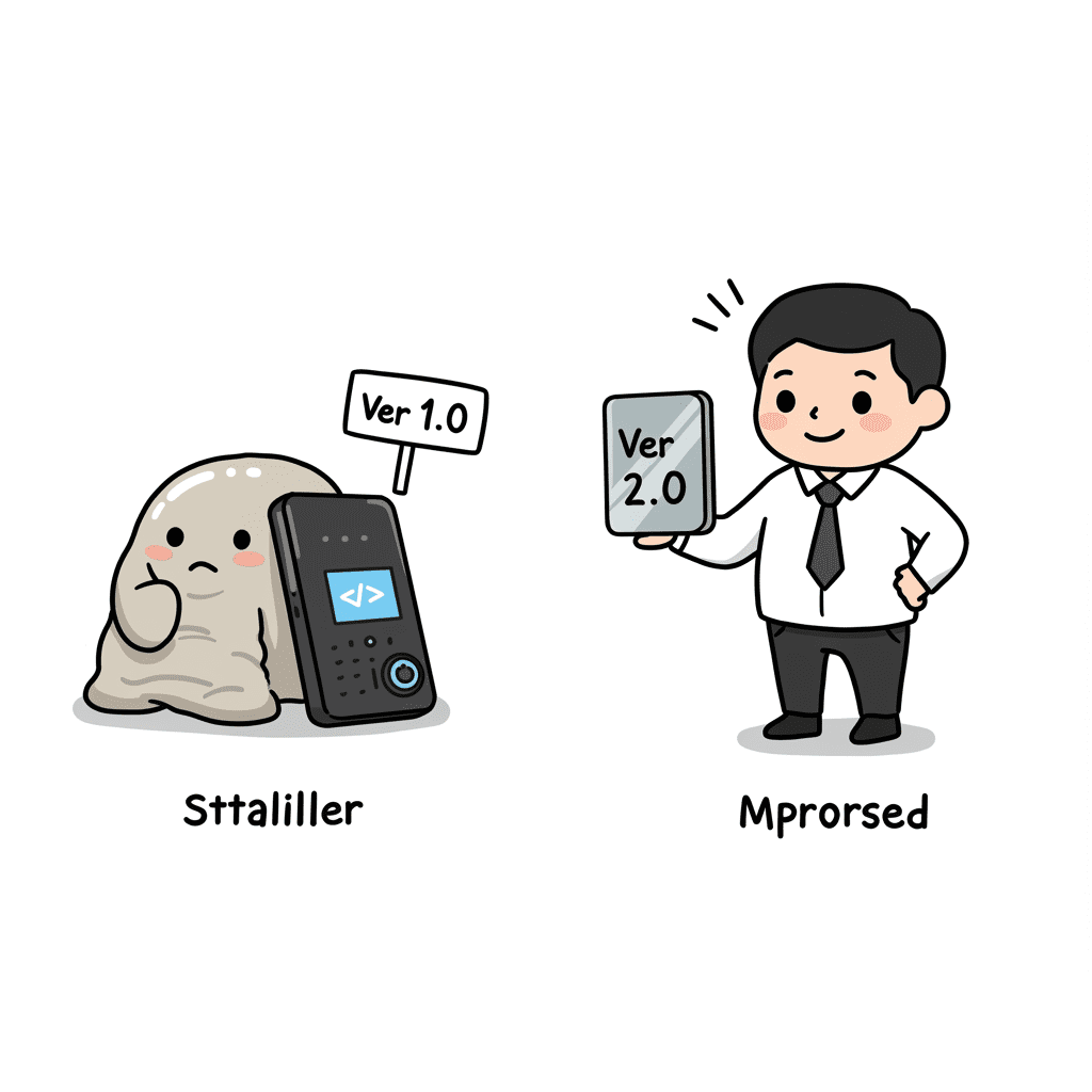 버전 1.0의 불안정한 제품과 그것을 개선하여 버전 2.0의 완벽한 제품을 만들어낸 인물 일러스트