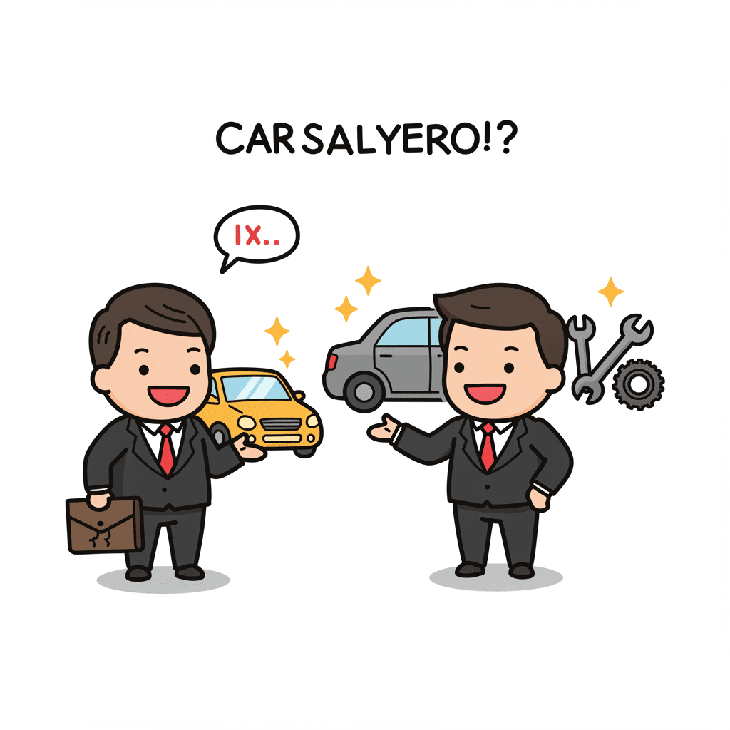 판매자가 멀쩡해 보이는 중고차의 결함을 교묘하게 숨기고 있고, 구매자는 의심스러운 눈초리로 차를 살펴보고 있는 모습