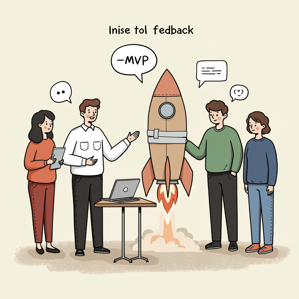 한 개발자가 아주 단순한 로켓 모형(MVP)을 들고 고객들의 반응을 살피는 모습의 일러스트