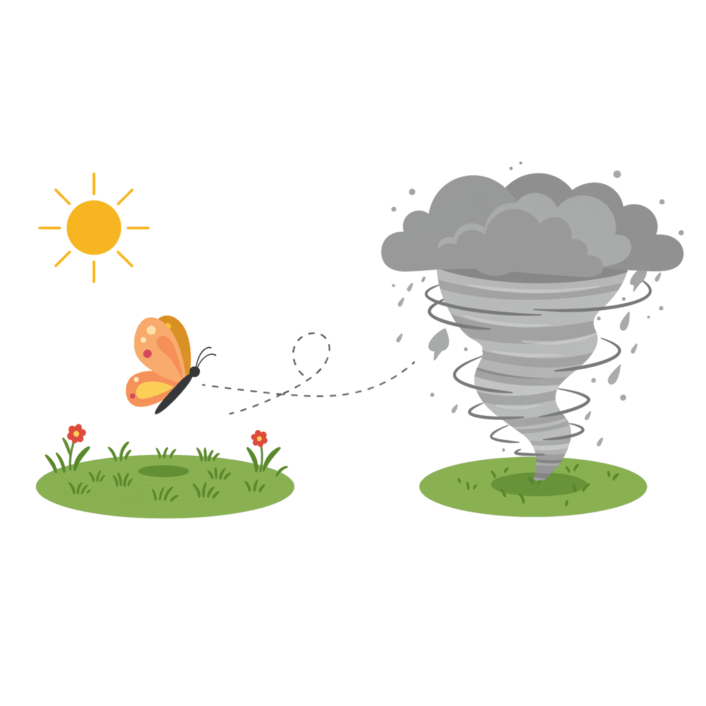 왼쪽에는 나비가 날갯짓하고 있고, 오른쪽에는 그 영향으로 거대한 태풍이 몰아치는 모습을 대비시켜 보여주는 일러스트