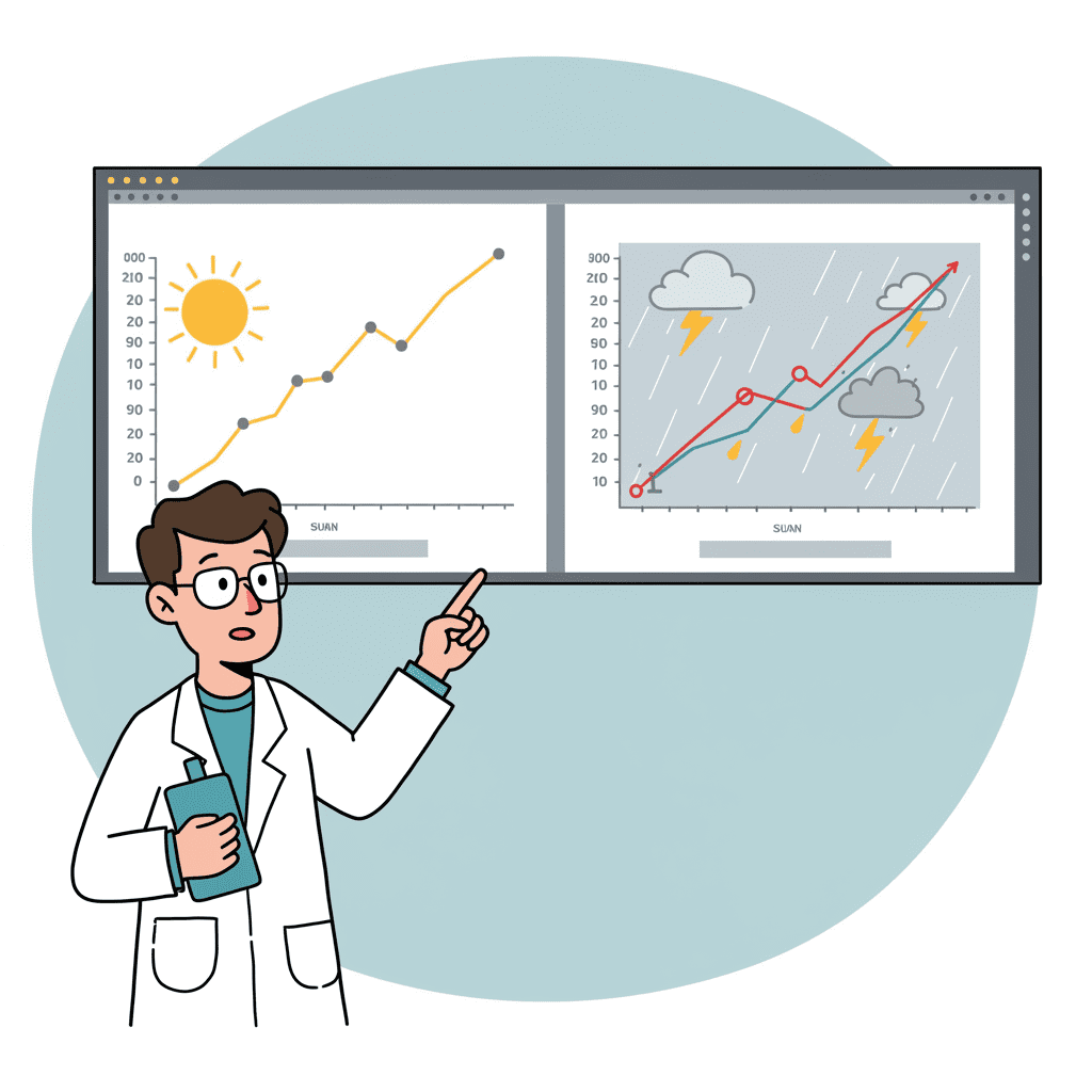 컴퓨터 화면 속 완전히 다른 두 개의 기상 예보 그래프를 보고 혼란스러워하는 과학자의 일러스트