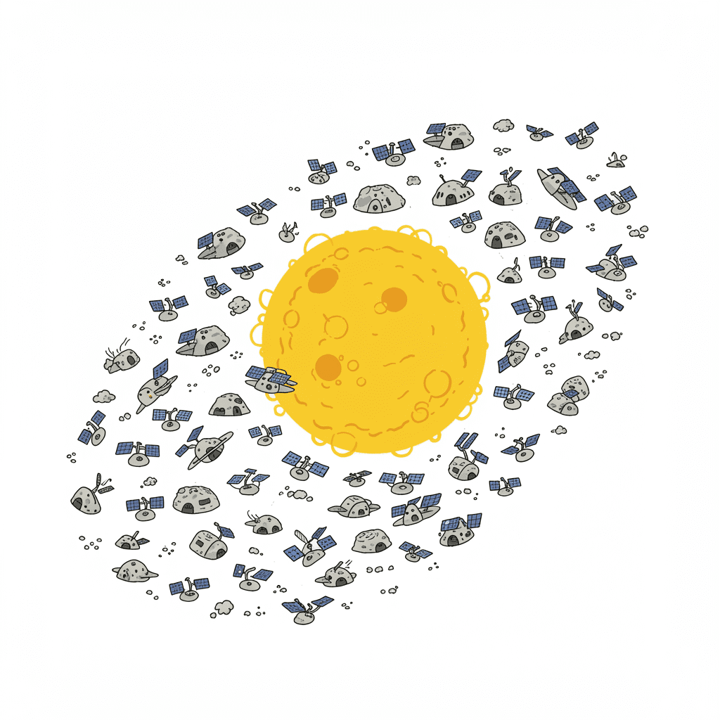 태양을 중심으로 수많은 인공위성 같은 구조물들이 구름처럼 떠다니며 에너지를 수집하는 다이슨 스웜의 개념도