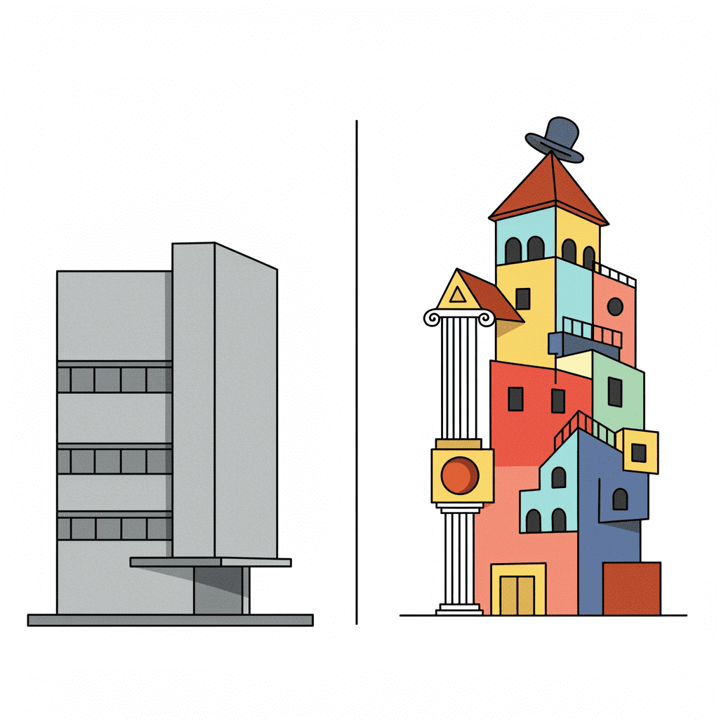 모더니즘의 깔끔한 건물과 포스트모더니즘의 장난스러운 건물이 서로를 마주보고 있는 모습