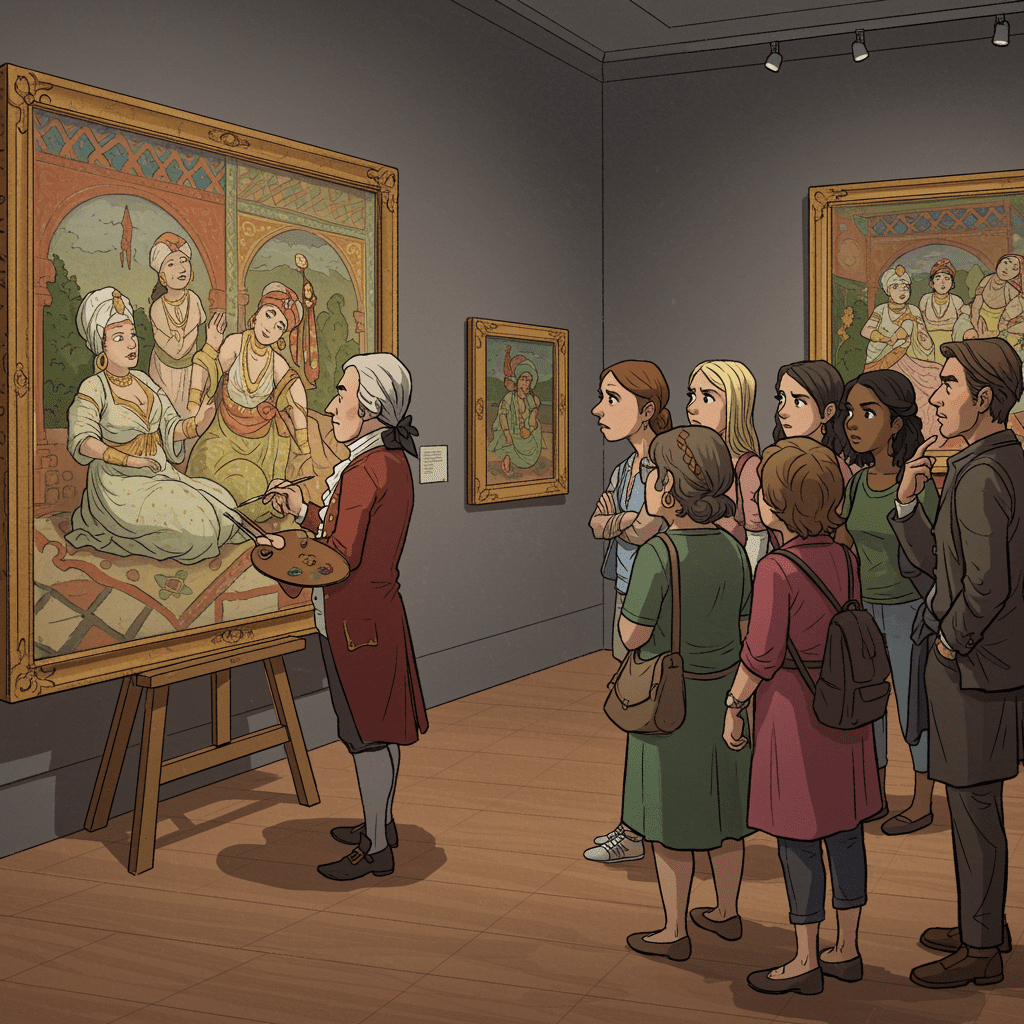 19세기 서양 화가가 환상 속의 동양 하렘을 그리고 있고, 현대 관람객들이 이를 비판적으로 바라보는 모습의 일러스트