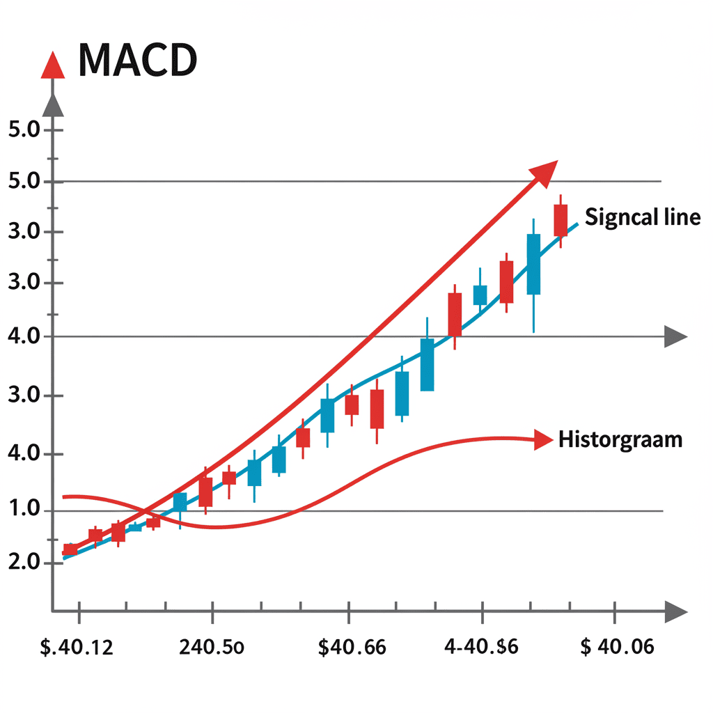 MACD 지표의 구성요소인 MACD선, 시그널선, 히스토그램을 설명하는 그림