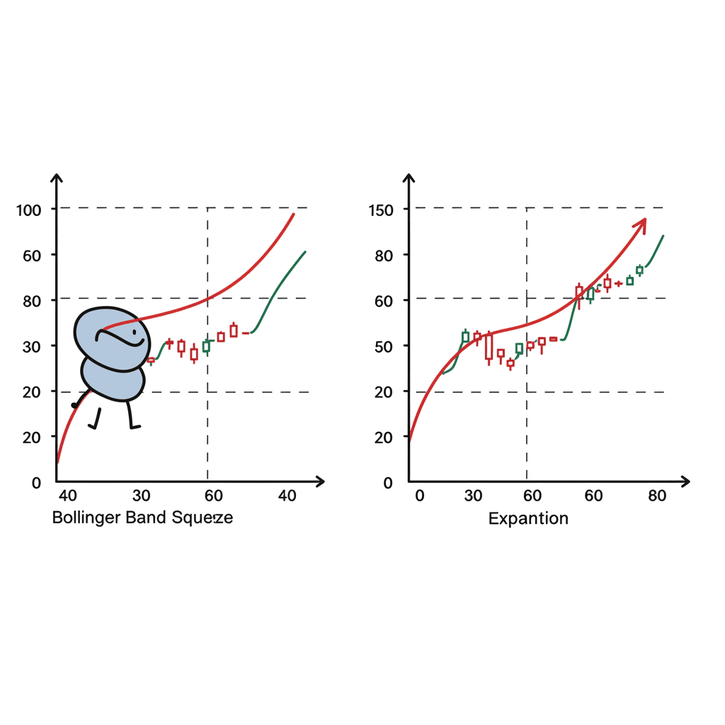 볼린저 밴드의 폭이 좁아지는 스퀴즈 현상과 넓어지는 확장 현상을 보여주는 주식 차트 일러스트