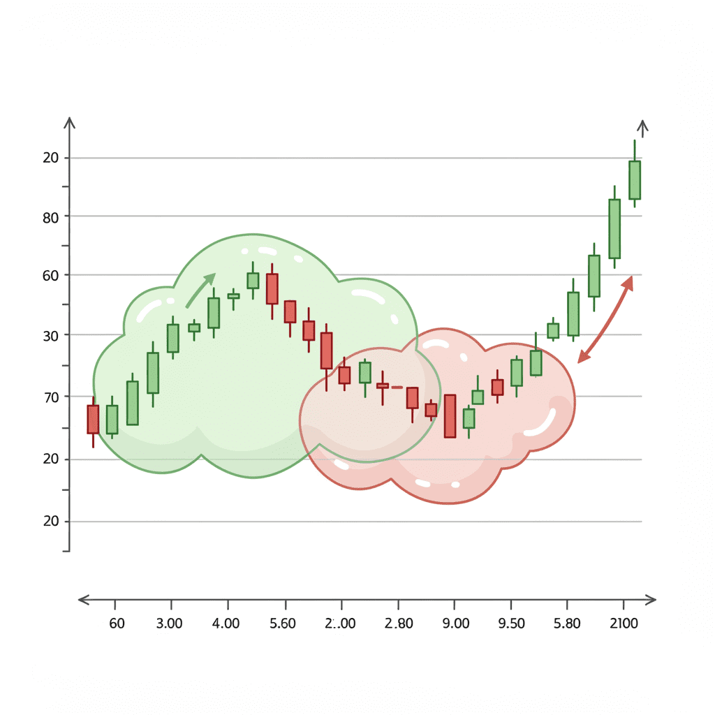 이치모쿠 클라우드의 구름대를 설명하는 이미지. 양운(초록 구름) 위로 주가가 상승하고 음운(붉은 구름) 아래로 주가가 하락하는 모습이 그려져 있음.