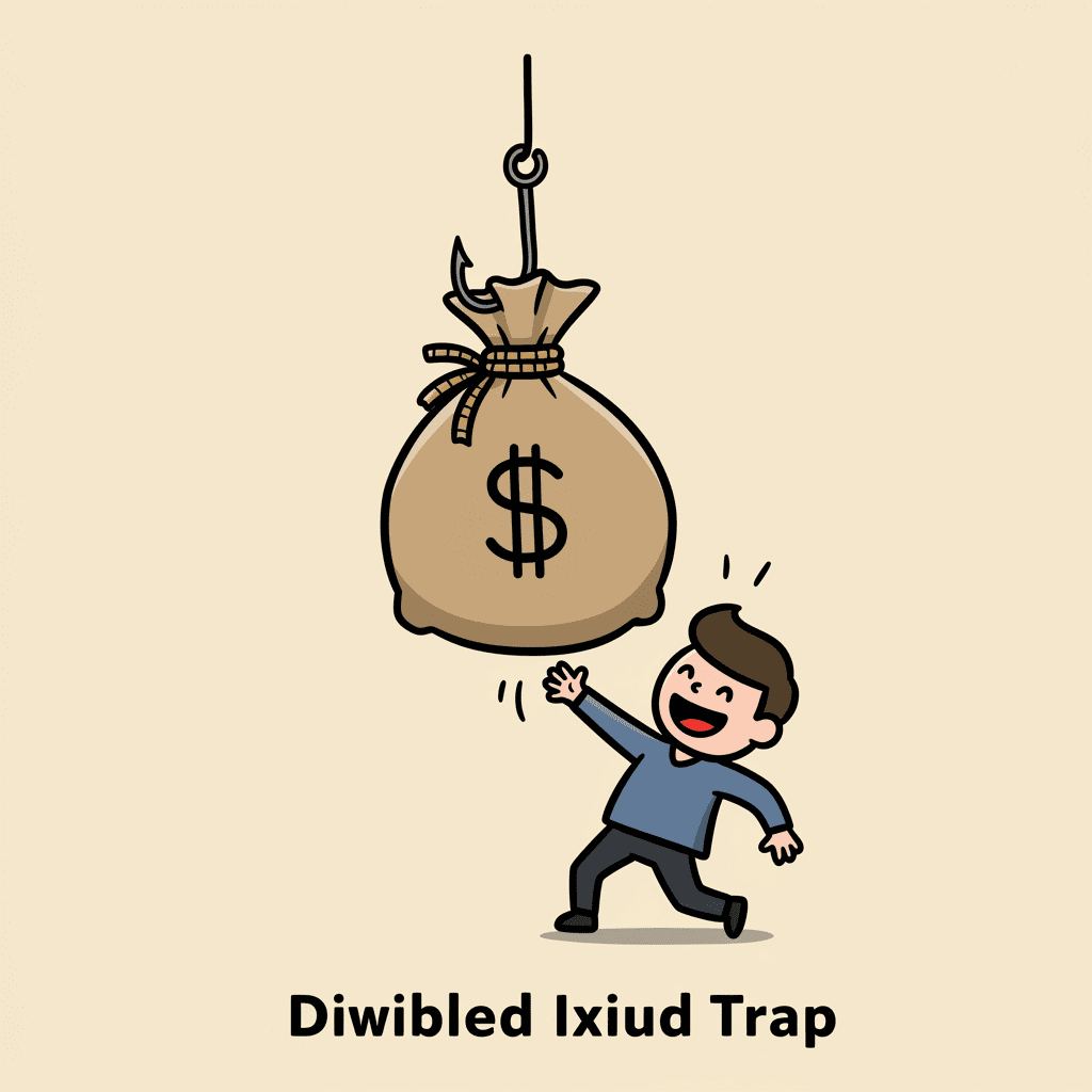 사람이 낚싯바늘에 걸린 큰 돈가방을 잡으려고 손을 뻗고 있는 모습의 귀여운 만화 일러스트. 이는 배당의 덫에 숨겨진 위험을 상징합니다.