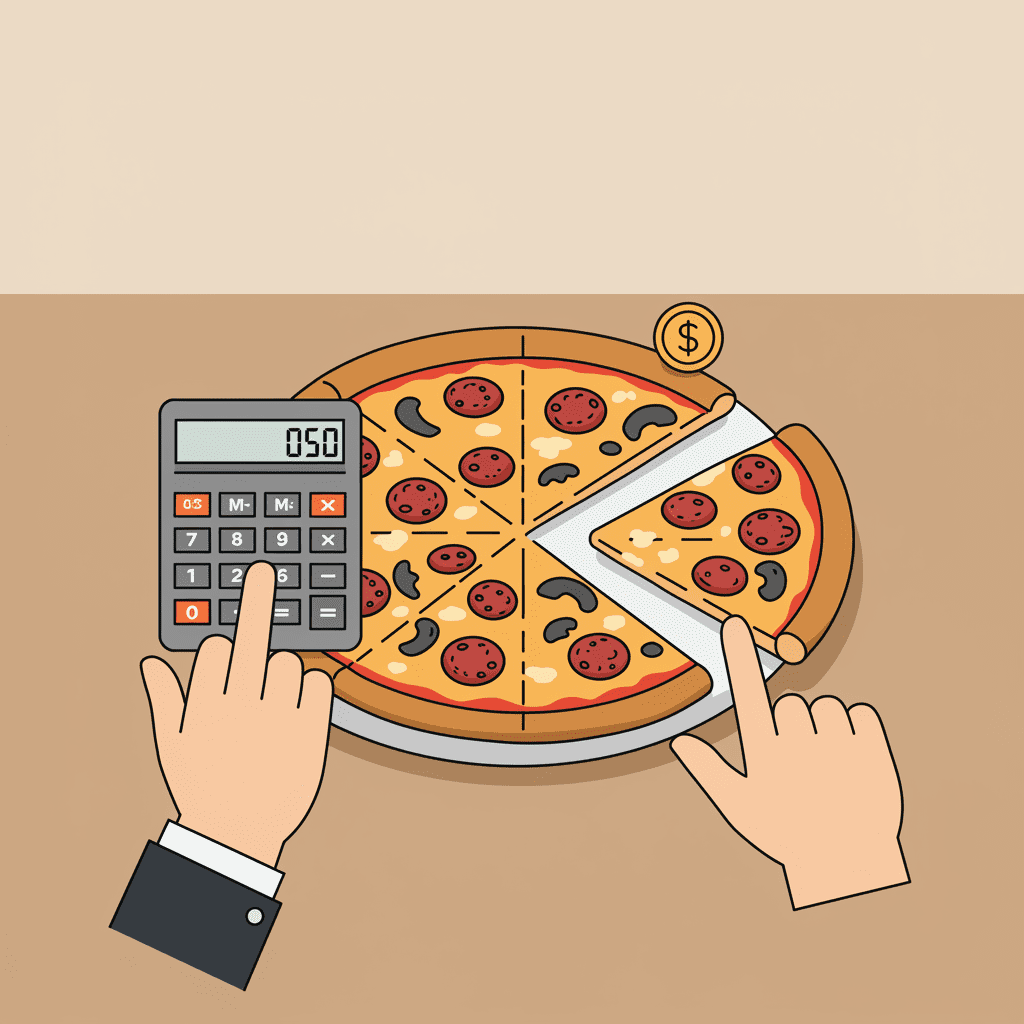 피자 한 조각에 담긴 이익을 돋보기로 들여다보는 일러스트