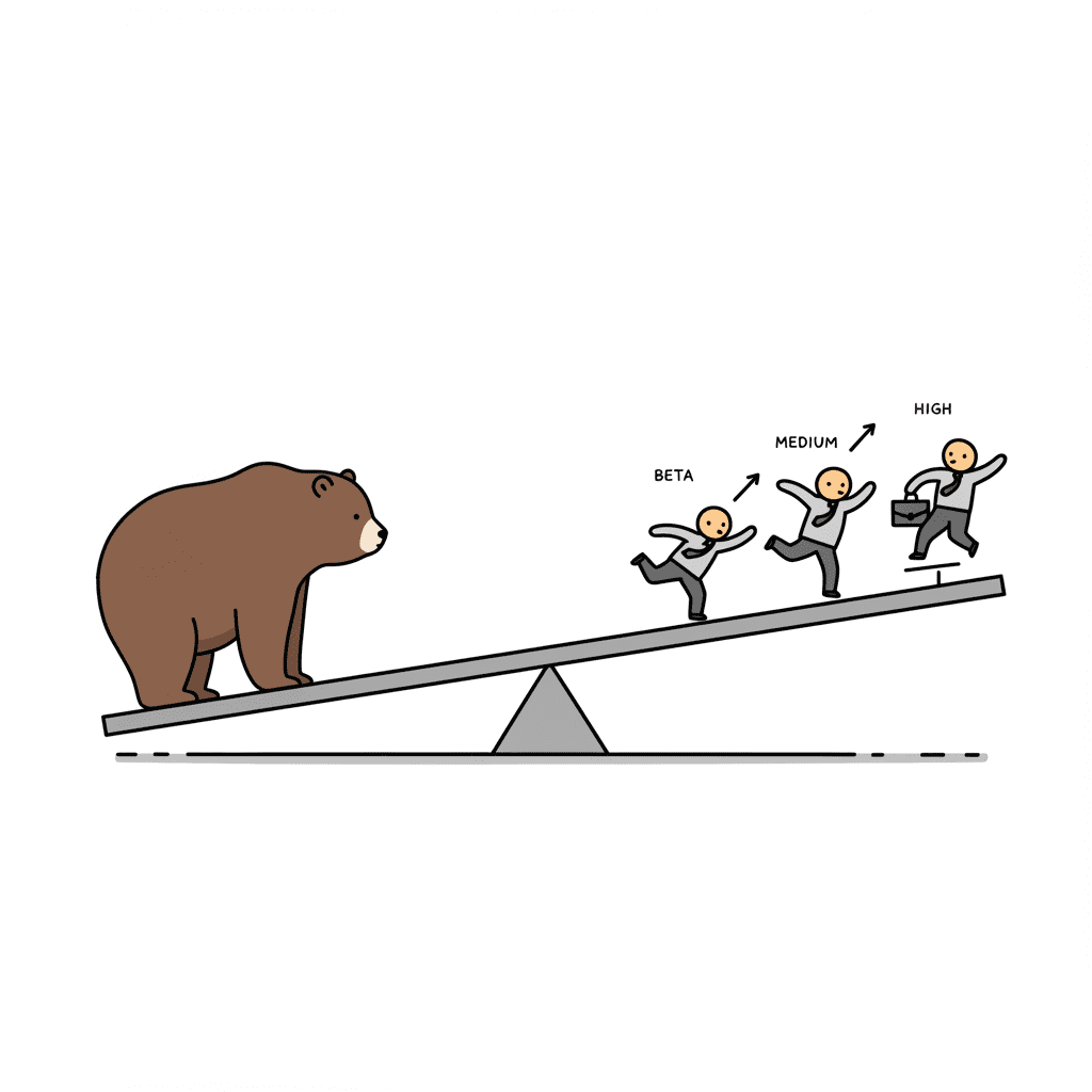 시장의 움직임을 나타내는 시소 위에서 한 명은 높이 날아오르고, 한 명은 균형을 잡고, 다른 한 명은 반대 방향으로 움직이는 모습을 귀엽게 표현한 일러스트