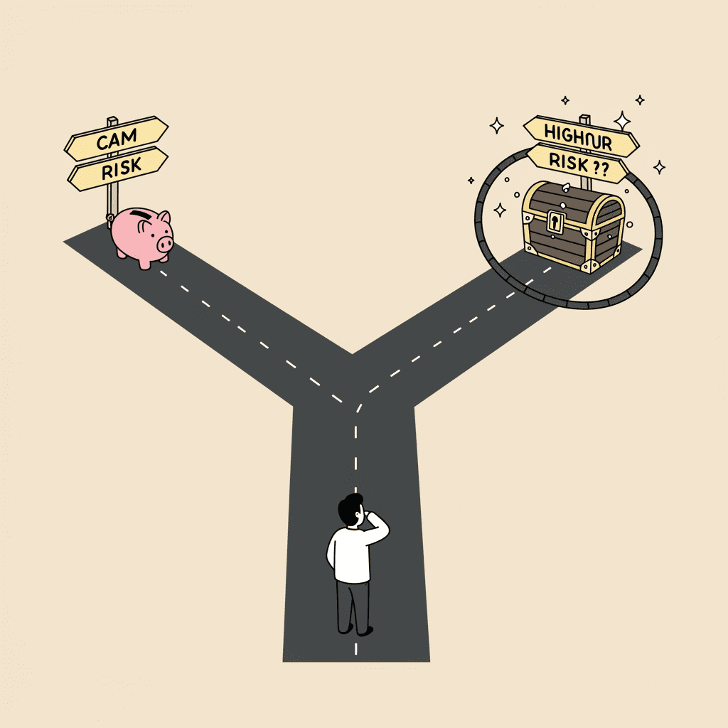 갈림길에 서서 고민하는 투자자. 한쪽 길은 안정적이고 평탄하며 작은 돼지 저금통으로 이어지고, 다른 길은 험난한 롤러코스터 길이지만 거대한 보물상자로 이어진다.