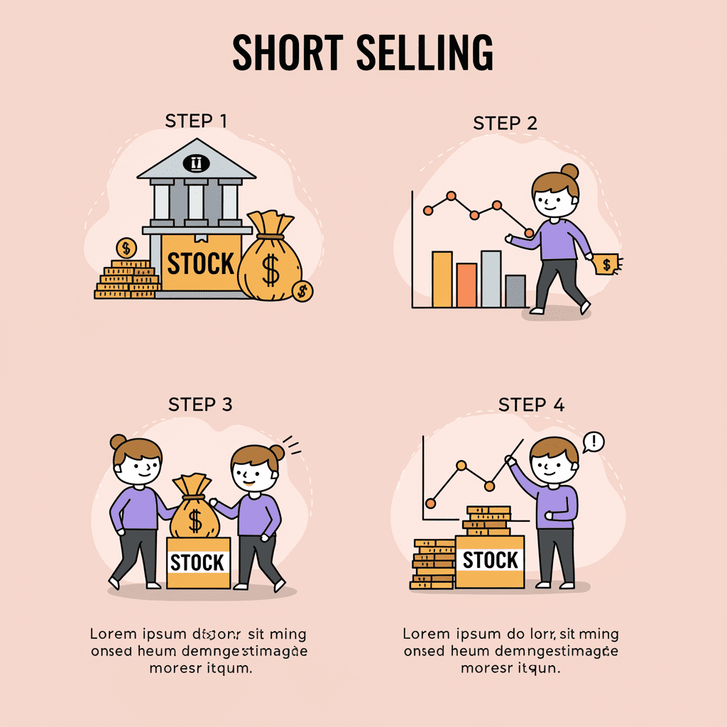주식을 빌려서 팔고, 가격이 떨어진 후 다시 사서 갚는 공매도 과정을 표현한 인포그래픽