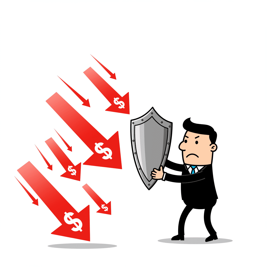 주가 하락을 방패로 막아내는 투자자의 모습을 표현한 일러스트