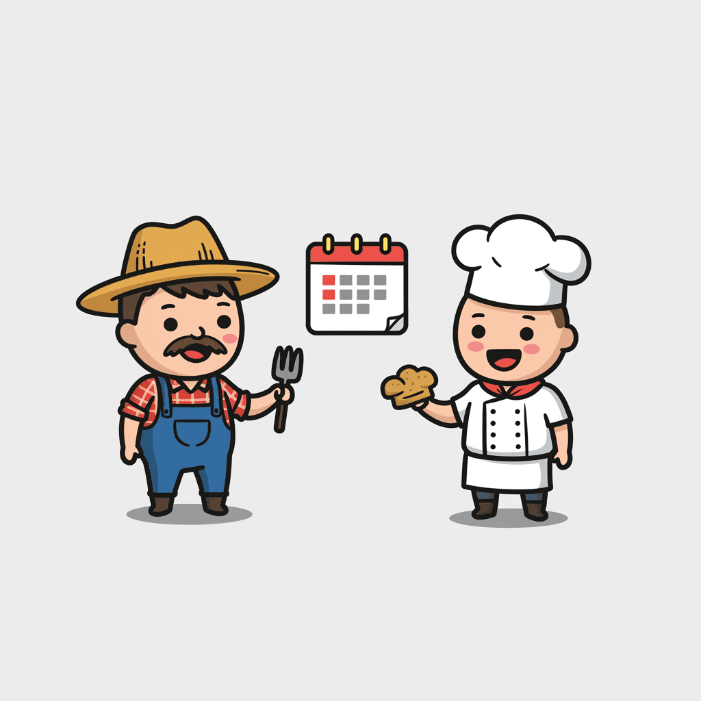 농부와 제빵사가 미래의 밀 가격을 두고 악수하며 선물계약을 맺는 모습의 일러스트