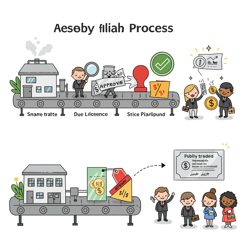 기업이 여러 단계를 거쳐 주식 시장에 상장되는 과정을 표현한 일러스트