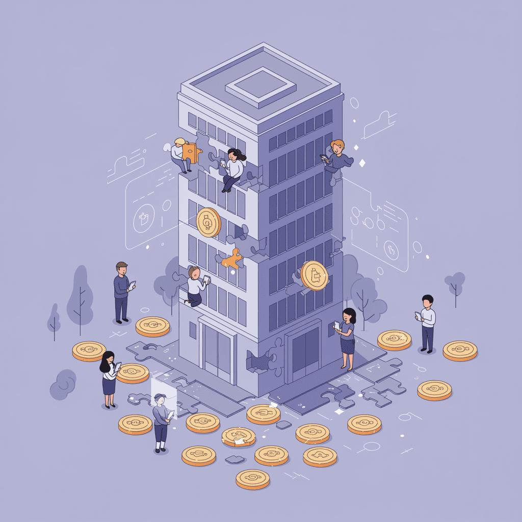 커다란 빌딩이 작은 디지털 블록으로 나뉘어 사람들이 스마트폰으로 하나씩 가져가는 모습을 표현한 일러스트
