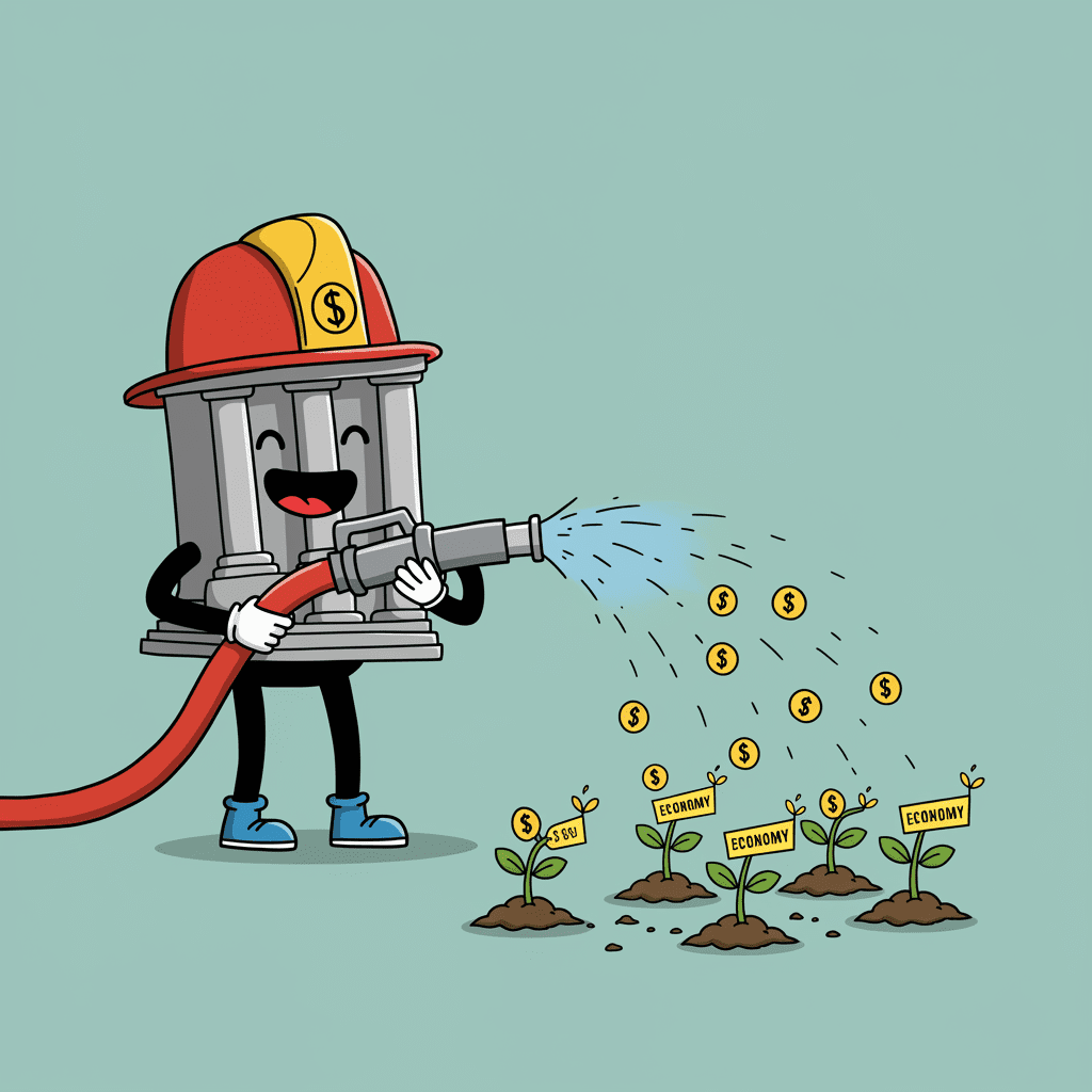 중앙은행이 호스로 시중에 돈을 뿌려 경제라는 화분에 물을 주는 모습을 묘사한 귀여운 일러스트