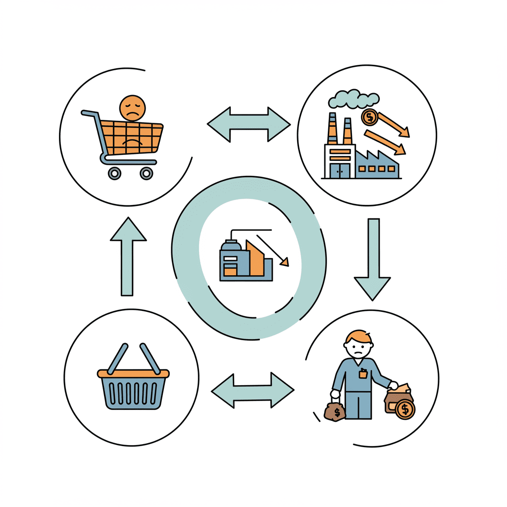 디플레이션의 악순환을 설명하는 도표. 소비 감소가 기업 실적 악화와 고용 감소로 이어지는 모습
