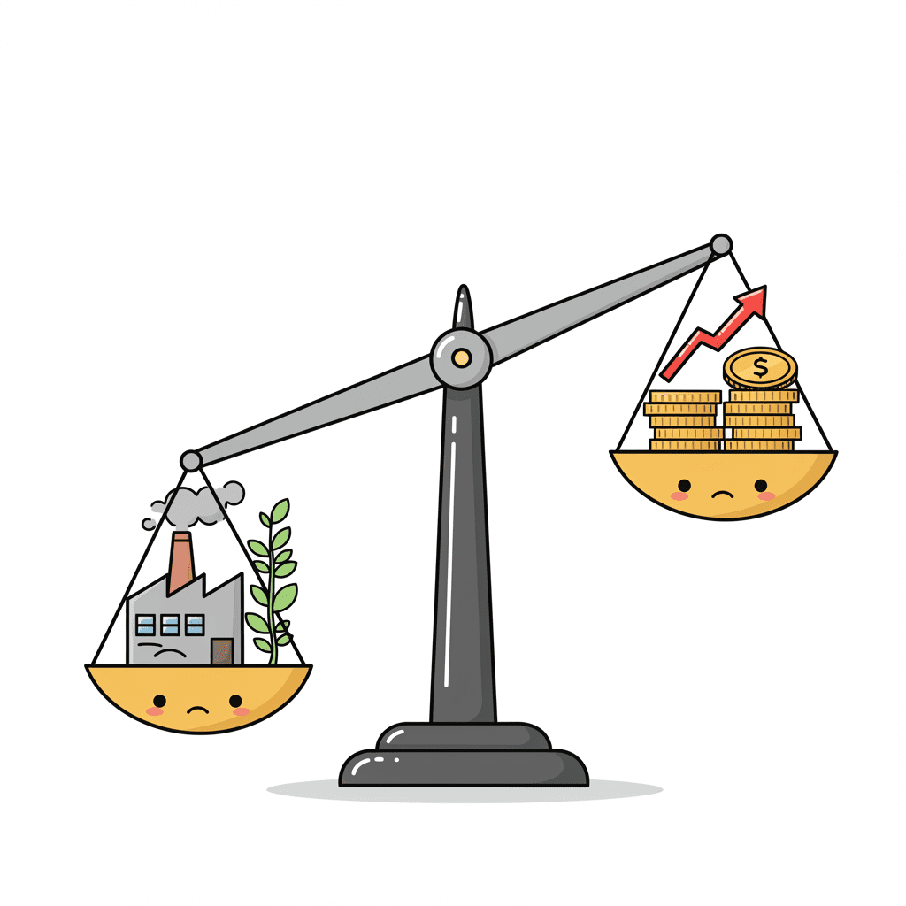 스태그플레이션의 개념을 설명하는 이미지 - 한 쪽 저울에는 침체된 경제를 상징하는 시든 공장이, 다른 쪽 저울에는 치솟는 물가를 상징하는 동전 더미가 있어 균형이 맞지 않는 모습.