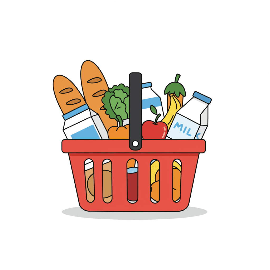 다양한 식료품과 생필품이 가득 담긴 귀여운 쇼핑 바구니 일러스트, 소비자물가지수를 상징함