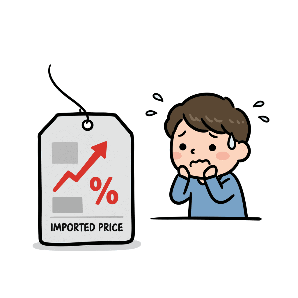 한 사람이 수입품의 가격표가 화살표처럼 치솟는 것을 보고 놀라는 모습을 담은 귀여운 일러스트