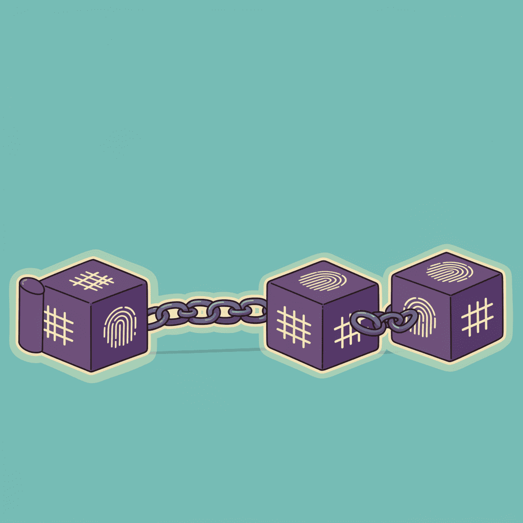 블록들이 체인으로 연결되어 이전 블록의 정보를 포함하며 순서대로 이어지는 모습