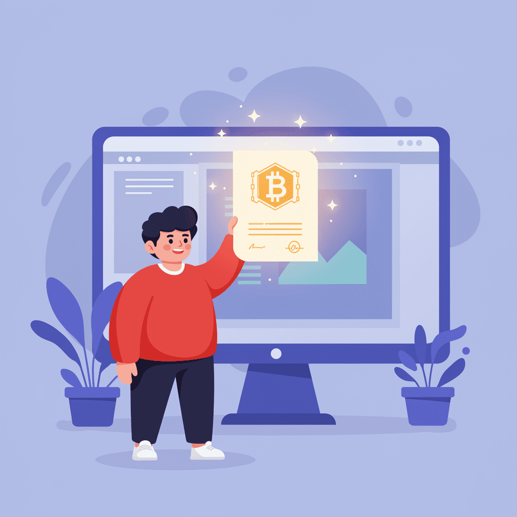 한 남자가 디지털 아트 작품의 소유권을 증명하는 블록체인 증서를 들고 있는 모습