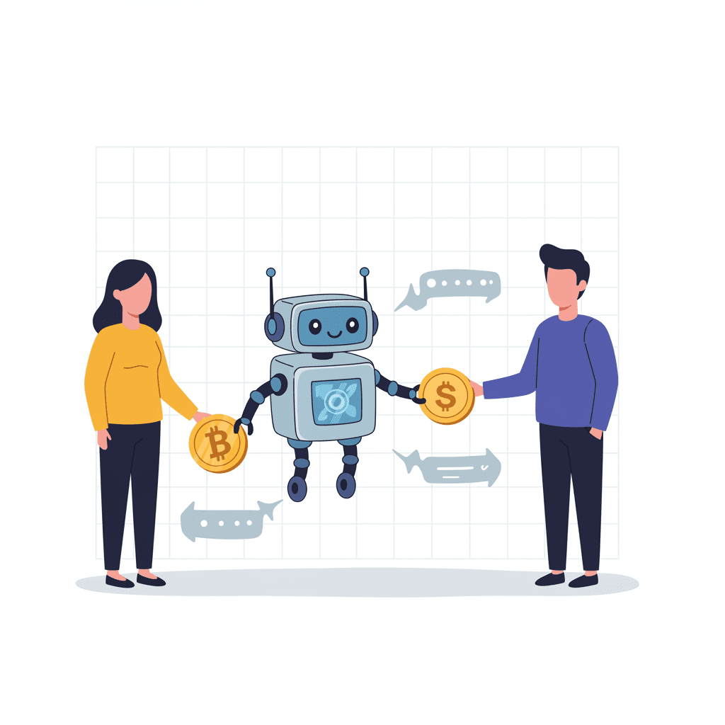 스마트 계약을 상징하는 로봇이 두 사람 사이에서 디지털 코인을 교환해주며 금융 거래를 중개하는 모습