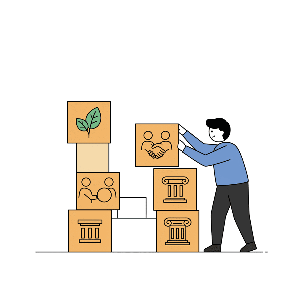 한 사람이 환경(나뭇잎), 사회(악수), 지배구조(저울) 아이콘이 그려진 블록을 쌓아 올리는 모습의 일러스트