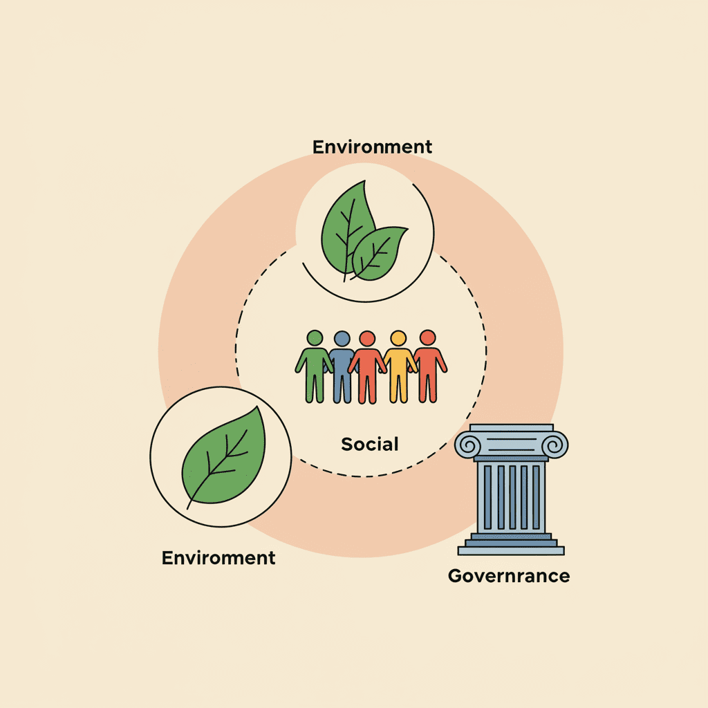 지속가능 금융의 세 가지 요소인 환경, 사회, 지배구조를 나타내는 일러스트