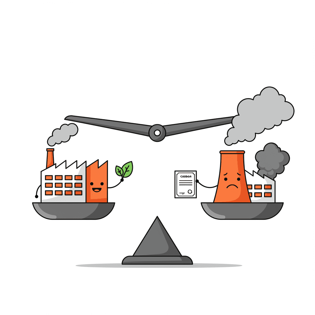두 개의 공장이 저울 위에 있다. 하나는 친환경 기술로 탄소를 적게 배출해 행복한 표정이고, 다른 하나는 탄소를 많이 배출해 슬픈 표정이다. 행복한 공장이 슬픈 공장에게 탄소배출권 증서를 건네주고 있다.