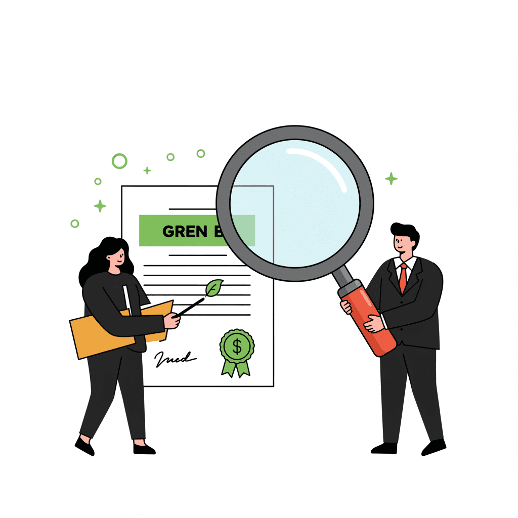 돋보기를 들고 녹색 잎사귀 심볼이 있는 채권을 꼼꼼히 검토하는 심사관의 모습을 담은 귀여운 일러스트. 투명성과 신뢰를 상징합니다.