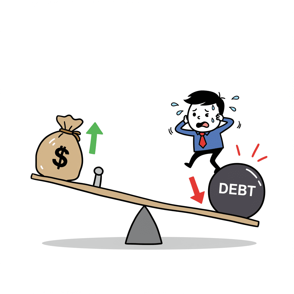 레버리지의 위험성을 나타내는 시소. 한쪽에는 돈주머니와 상승 화살표가, 반대쪽에는 빚이라는 무거운 추와 하락 화살표가 있어 양날의 검임을 보여주는 일러스트
