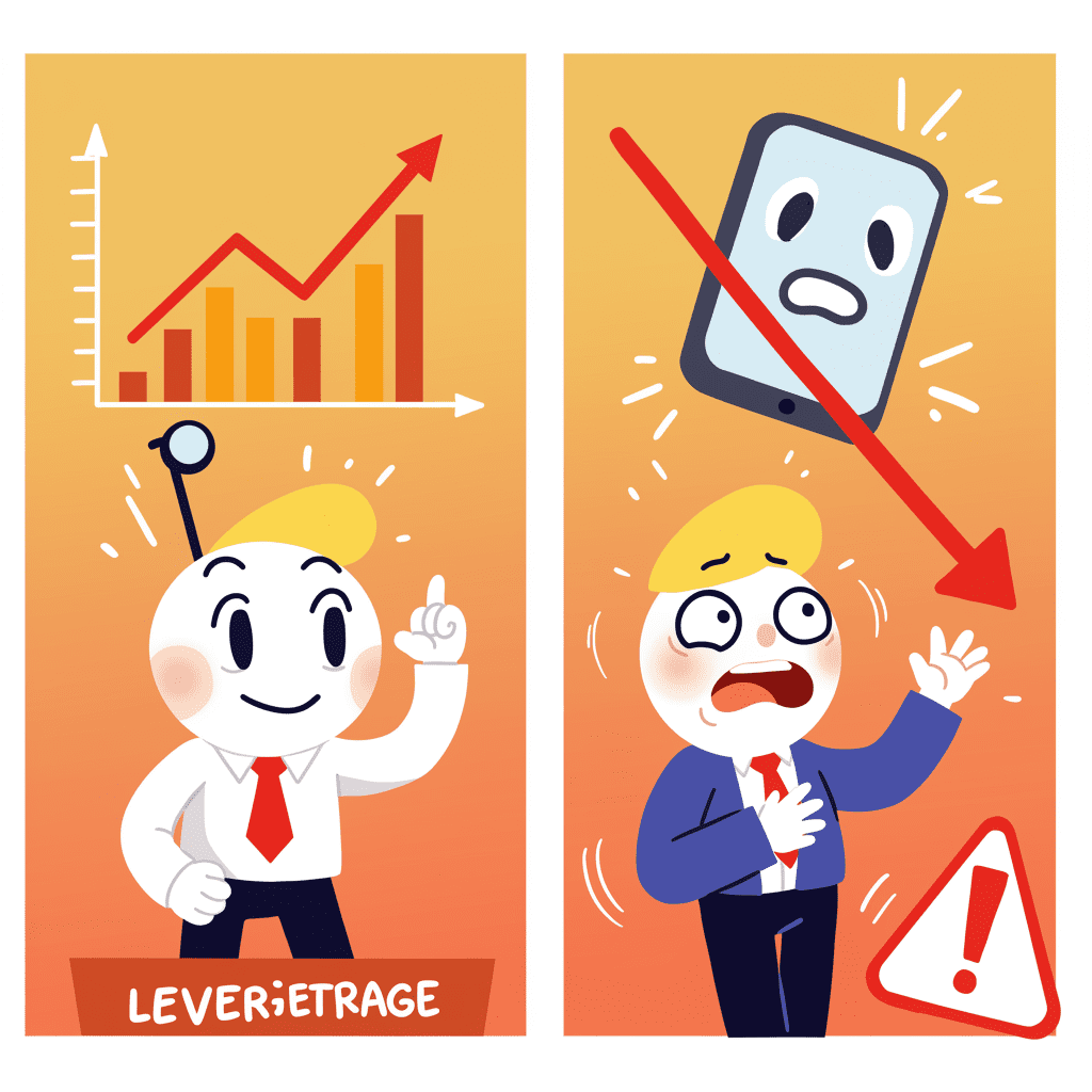 레버리지 투자의 위험성을 보여주는 이미지. 한쪽에는 주가 상승으로 기뻐하는 투자자가, 다른 쪽에는 주가 하락으로 마진콜 전화를 받고 공포에 떠는 투자자가 그려져 있다.