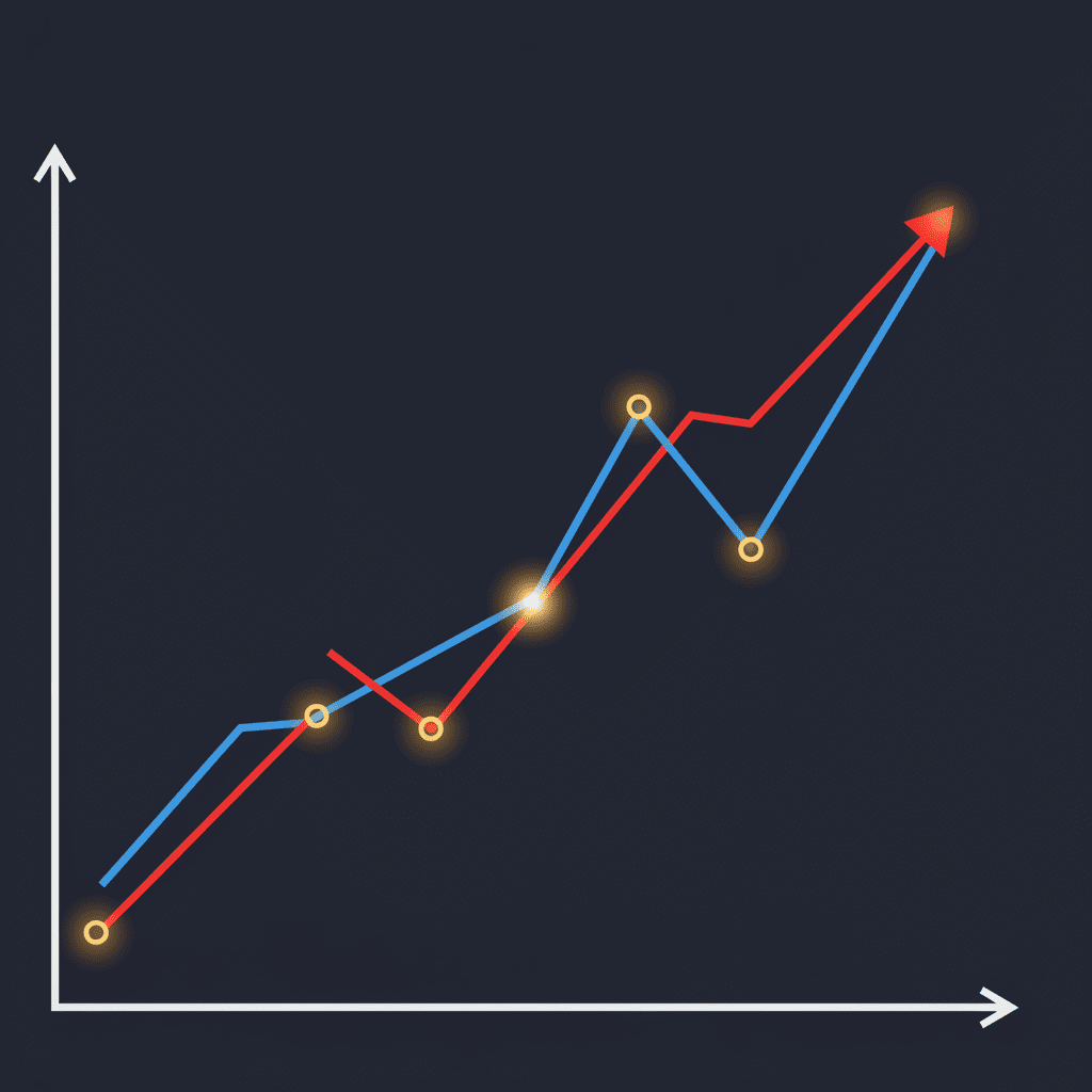 골든 크로스를 보여주는 차트. 단기 이동평균선(빨간색)이 장기 이동평균선(파란색)을 상향 돌파하며 위로 올라가는 모습.