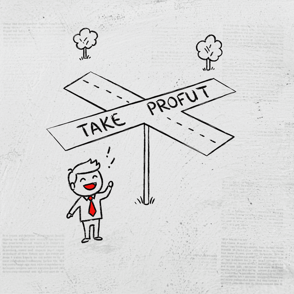 투자자가 테이크프로핏 시점에서 수익을 확정하며 만족스러운 표정을 짓는 귀여운 일러스트. 컴퓨터 화면에는 상승 그래프가 있고, 손에는 돈다발을 들고 있다.