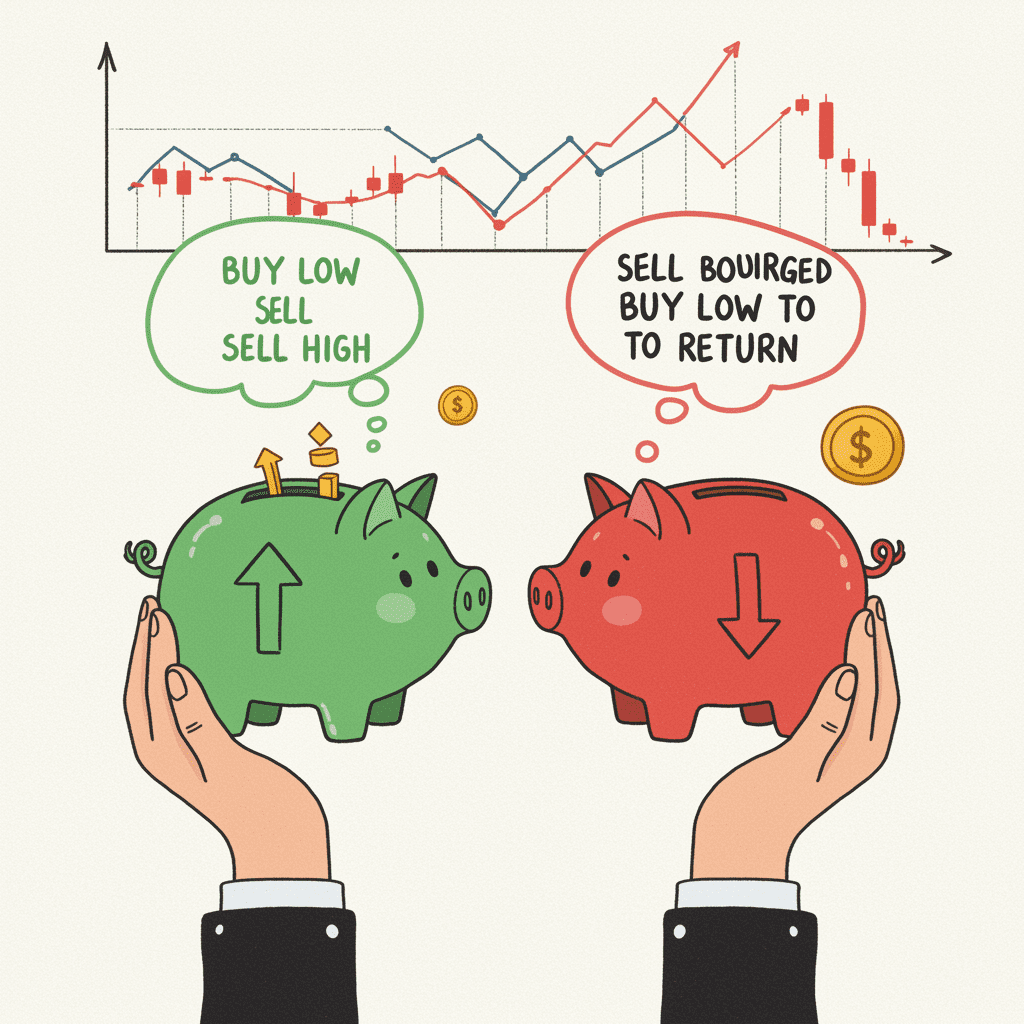Two piggy banks illustration. One with an upward arrow for buying low and selling high, another with a downward arrow for selling borrowed and buying low to return.