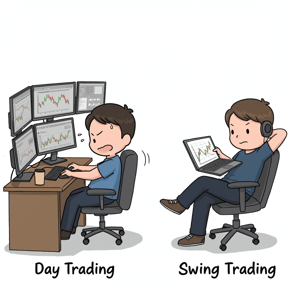 데이 트레이딩과 스윙 트레이딩 투자 전략을 설명하는 두 남성의 일러스트레이션. 한 남성은 컴퓨터 앞에서 그래프를 보며 매우 빠르게 마우스를 클릭하고 있고, 다른 남성은 편안하게 앉아 차트를 느긋하게 보고 있다.
