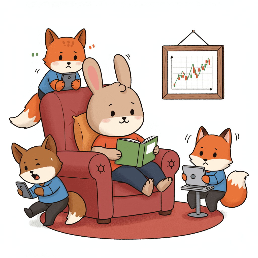 A person calmly observing a plant growing, with subtle stock charts in the background, symbolizing patience in position trading.