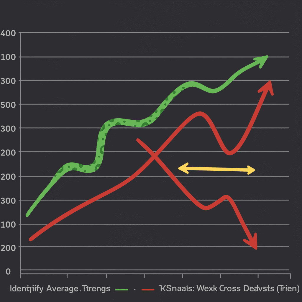 두 이동평균선이 교차하며 추세 변화를 나타내는 귀여운 일러스트. 하나는 짧은 기간의 빠른 선이고 다른 하나는 긴 기간의 느린 선입니다.