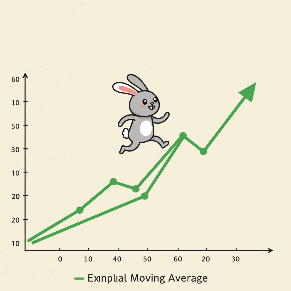지수이동평균을 사용하여 데이터 추세를 빠르게 포착하는 모습을 귀여운 토끼가 그래프 위를 달리는 모습으로 표현한 일러스트
